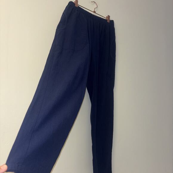 Women’s Sz Medium Linen Pants Navy Blue Pockets Stretchy Waist Cotton Beachy - Picture 3 of 9